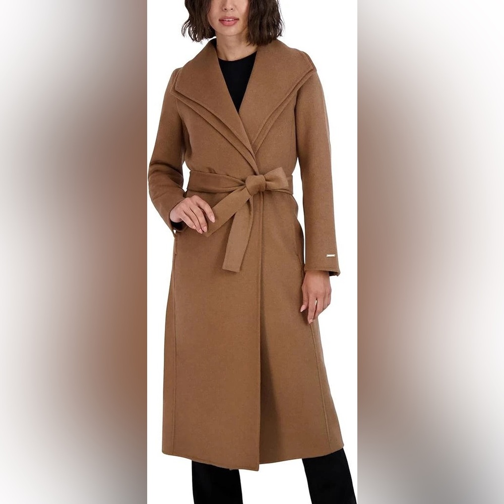 NWOT TAHARI Women's Maxi Double Face Wool Blend Wrap Coat, Camel,